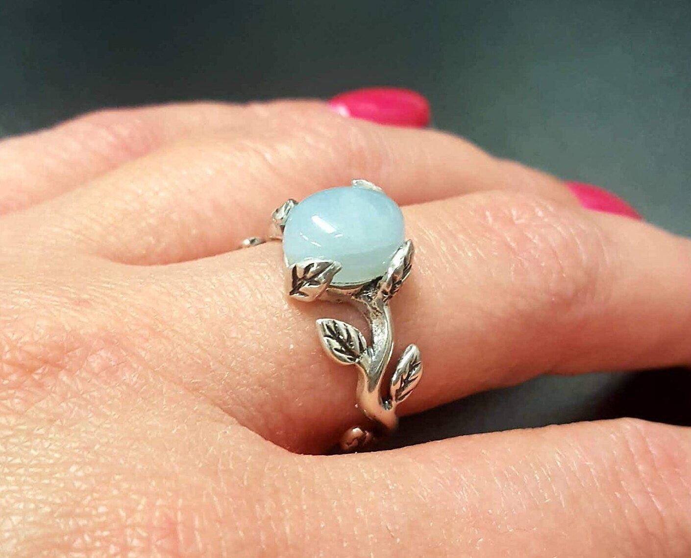 Aquamarine Ring, Natural Aquamarine, March Birthstone, Silver Leaf Ring, Blue Flower Ring, Dainty Ring, Blue Vintage Ring, 925 Silver Ring