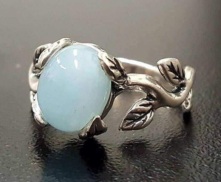 Silver Leaf Branch Sky Blue Opal Ring 8.5