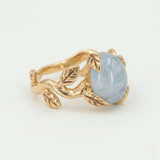 Aquamarine Gold Ring - Gold Leaf Band - Aquamarine Vintage Ring