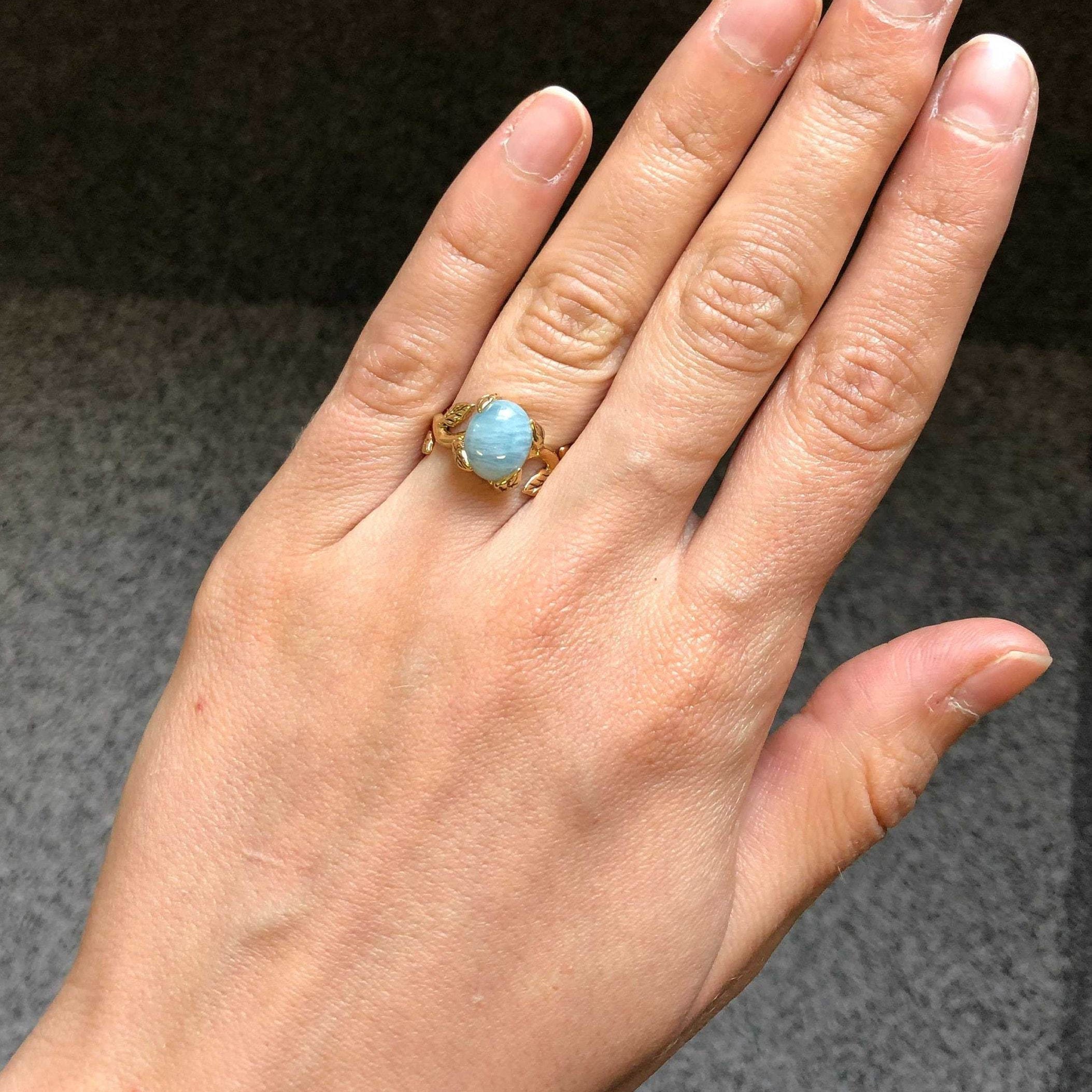 Aquamarine Ring, Natural Aquamarine, March Birthstone, Silver Leaf Ring, Blue Flower Ring, Dainty Ring, Blue Vintage Ring, 925 Silver Ring(1)