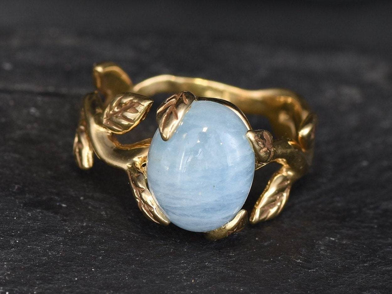 Aquamarine Ring, Natural Aquamarine, March Birthstone, Silver Leaf Ring, Blue Flower Ring, Dainty Ring, Blue Vintage Ring, 925 Silver Ring(1)