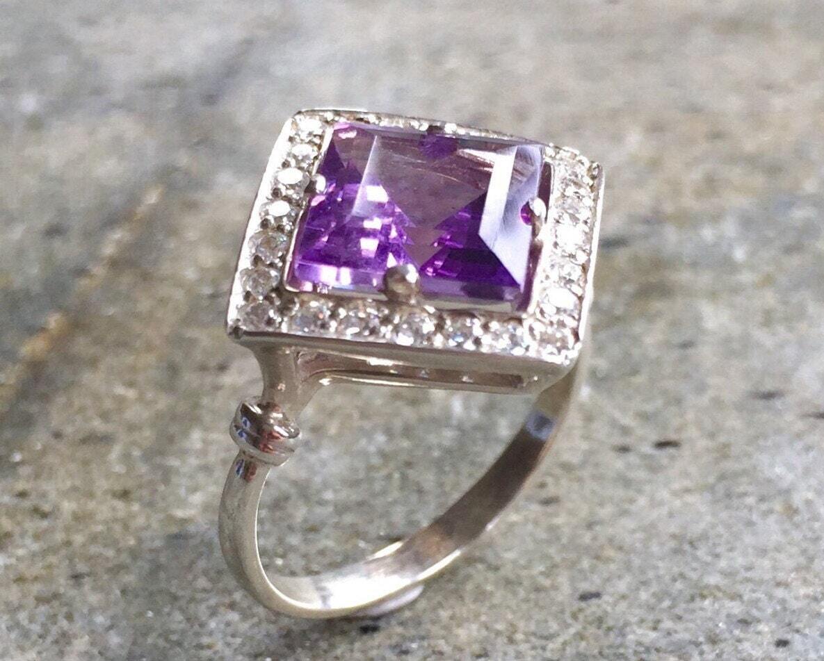 Amethyst Ring, Natural Amethyst, Vintage Amethyst Ring, Square Ring, Vintage Rings, Antique Ring, Purple Diamond, Natural Stone, Pure Silver