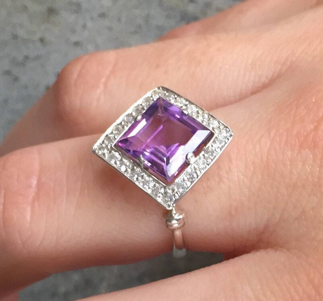 Amethyst Ring, Natural Amethyst, Vintage Amethyst Ring, Square Ring, Vintage Rings, Antique Ring, Purple Diamond, Natural Stone, Pure Silver