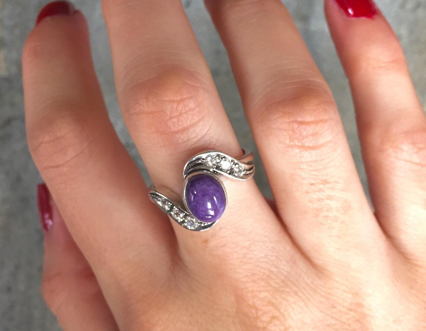 Charoite Ring, Vintage Ring, Natural Stone, Antique Ring, Purple Stone Ring, Purple Ring, Natural Charoite, Wavy Ring, Solid Silver Ring