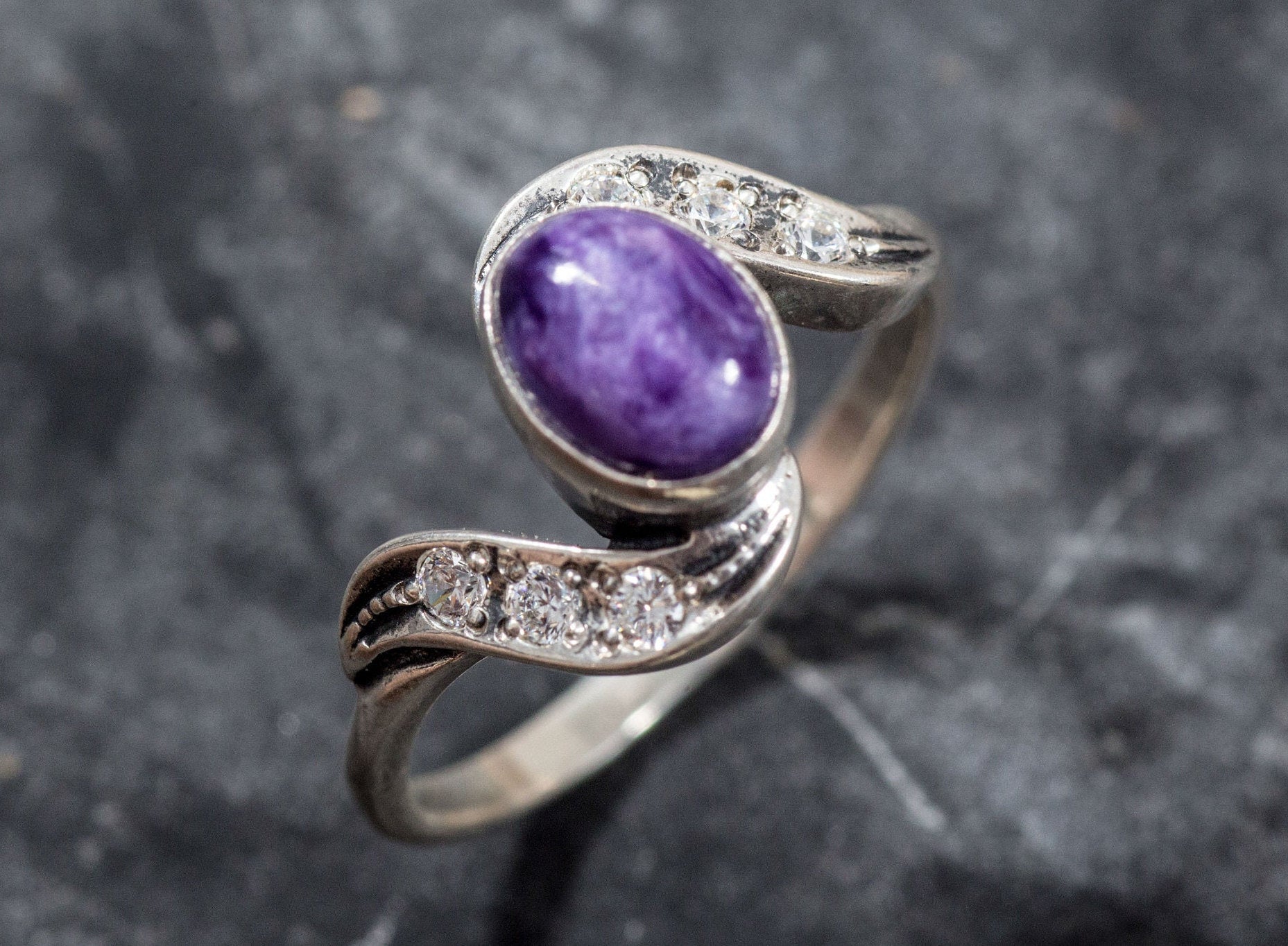 Charoite Ring, Vintage Ring, Natural Stone, Antique Ring, Purple Stone Ring, Purple Ring, Natural Charoite, Wavy Ring, Solid Silver Ring