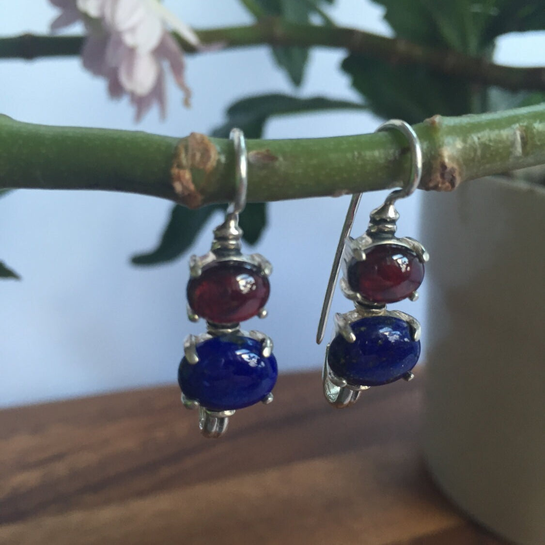 Lapis Earrings, Garnet Earrings, Long Earrings, Multistone Earrings, Red Blue Earrings, Solid Silver Earrings, Natural Garnet, Natural Lapis
