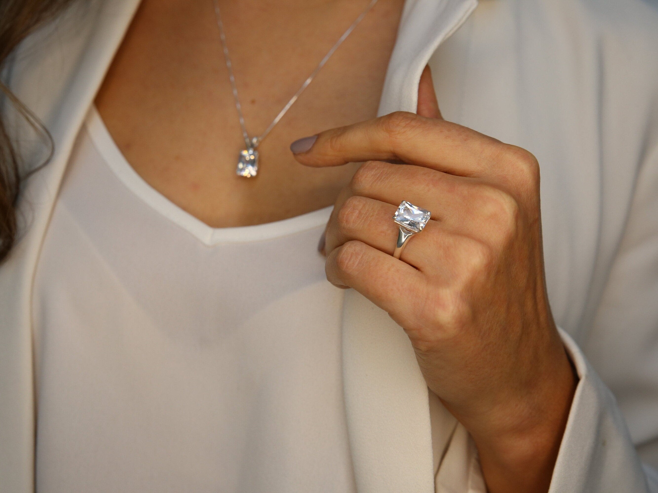 Diamond Ring, Created Diamond, Rectangle Ring, Square Vintage Ring, Engagement Ring, Proposal Ring, Solitaire Ring, Sterling Silver Ring