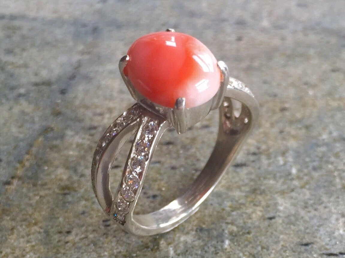 Coral Ring, Natural Coral, Angel Skin Coral, Solid Silver Ring, Italian Coral, Pure Silver, Promise Ring, Natural Stone, Sterling Silver