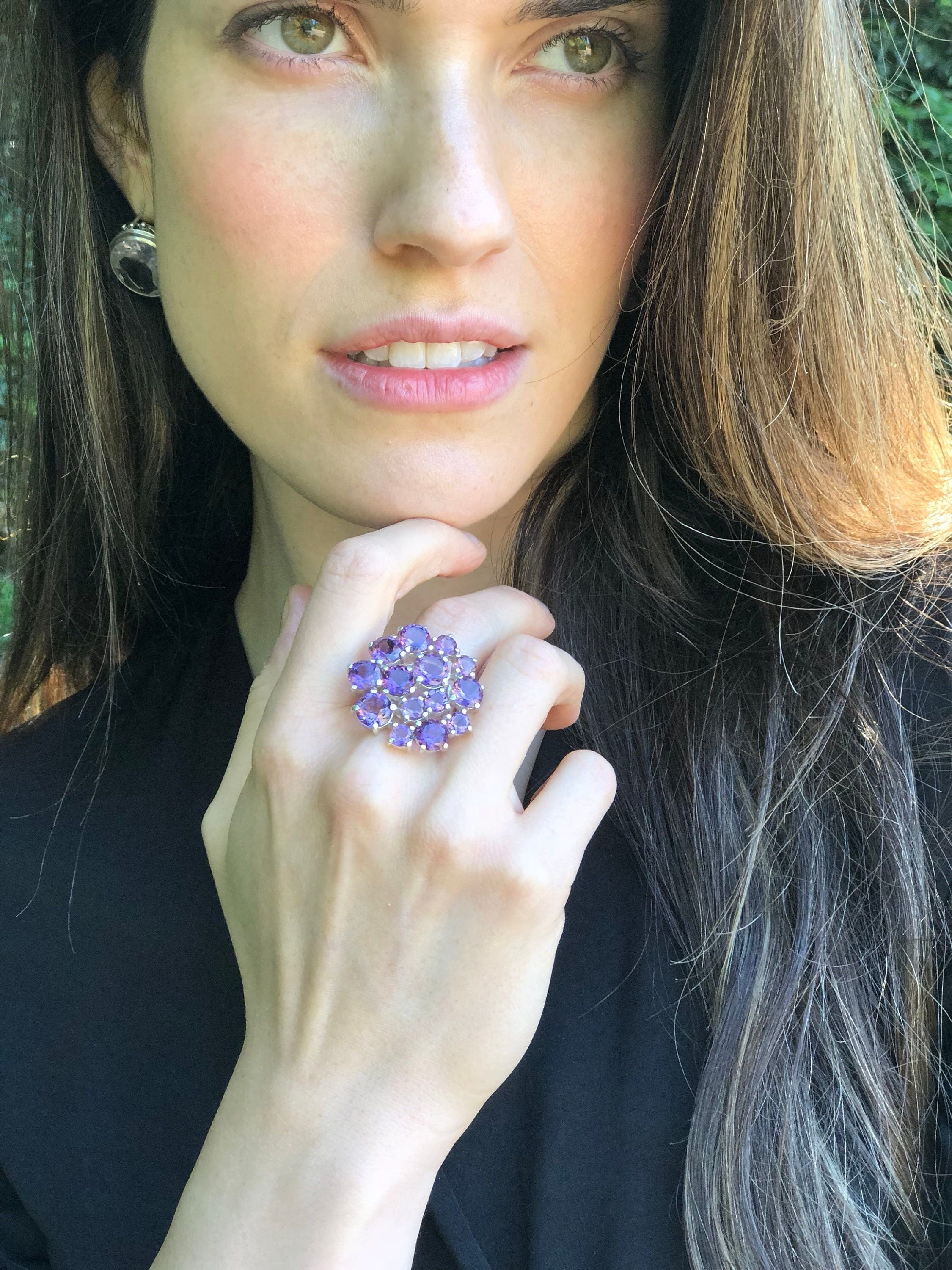 Statement Amethyst Ring - Cluster Ring - Purple Flower Ring