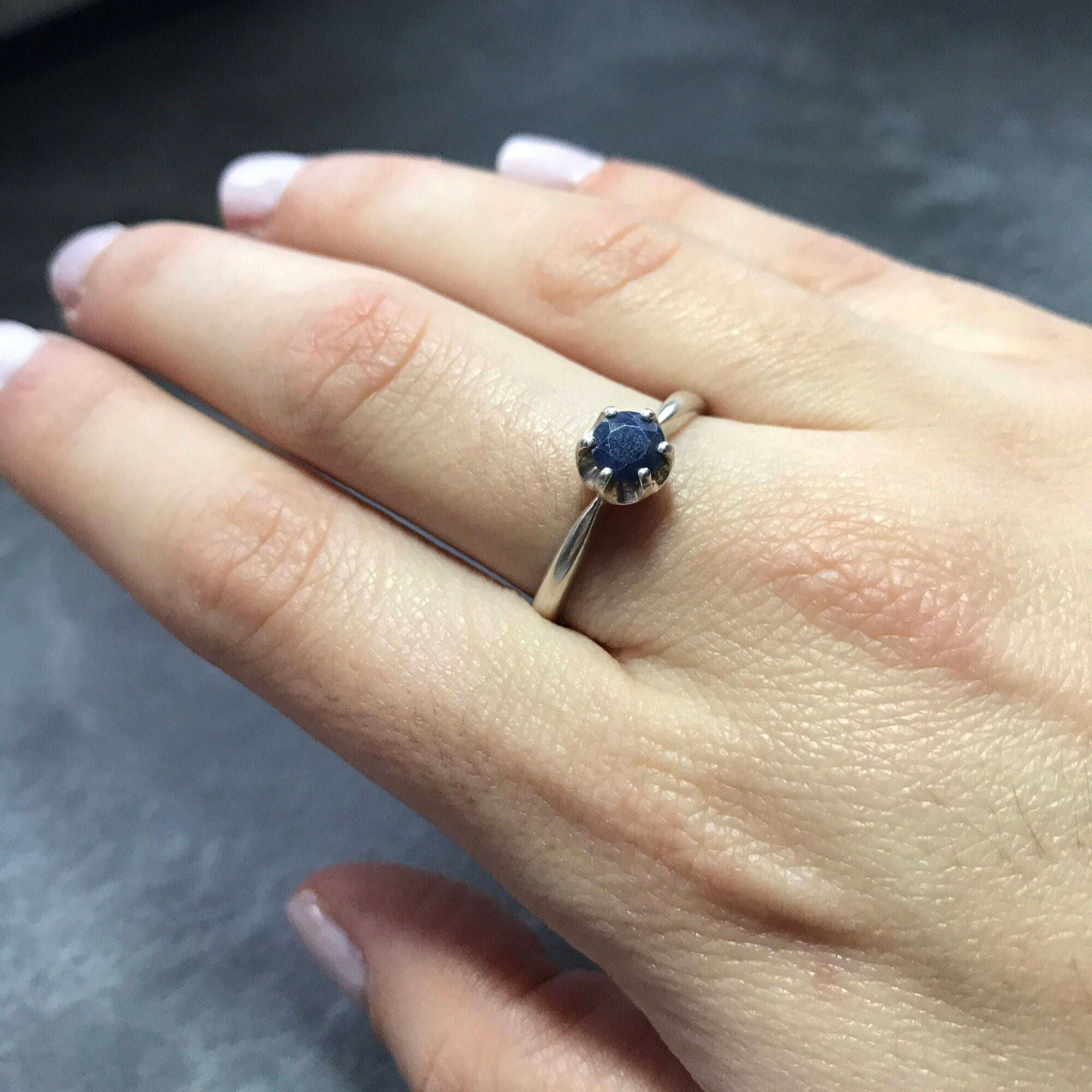 Elegant 925 Sterling Silver Natural Sapphire Ring with Round Blue Sapphire, perfect for birthdays and special occasions.