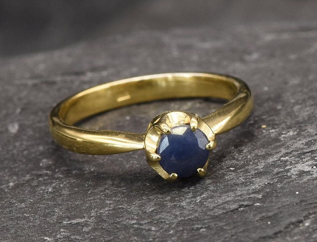 Natural Sapphire Ring made in 18k Gold Vermeil with Round Natural Blue Sapphire in Solitaire setting, September Birthstone gift idea, symbolizes sincerity, truth, and faithfulness, ideal for everyday wear and perfect for birthday gifting and special occasions.