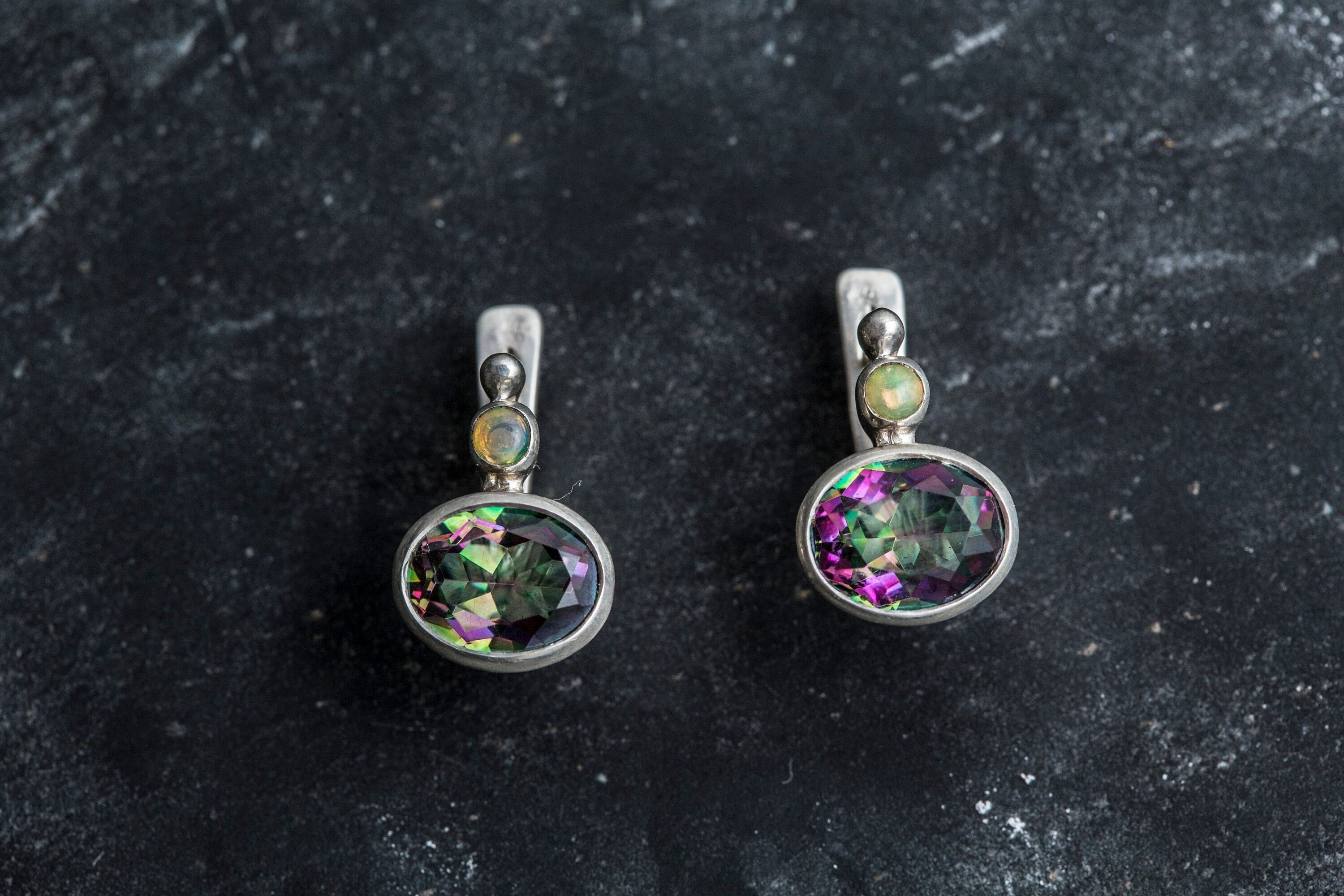 Topaz Earrings, Mystic Topaz, Natural Mystic Topaz, Ethiopian Opal, Opal, Vintage Earrings, December Birthstone, Silver Earrings, Topaz