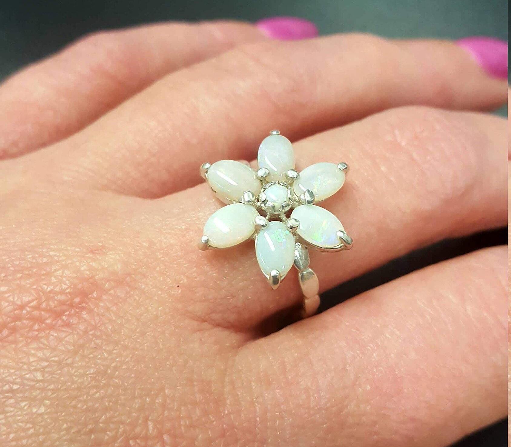 Opal Flower Ring, Australian Opal, Daisy Ring, Vintage Opal Ring, October Ring, White Flower Ring, October Birthstone, Sterling Silver Ring