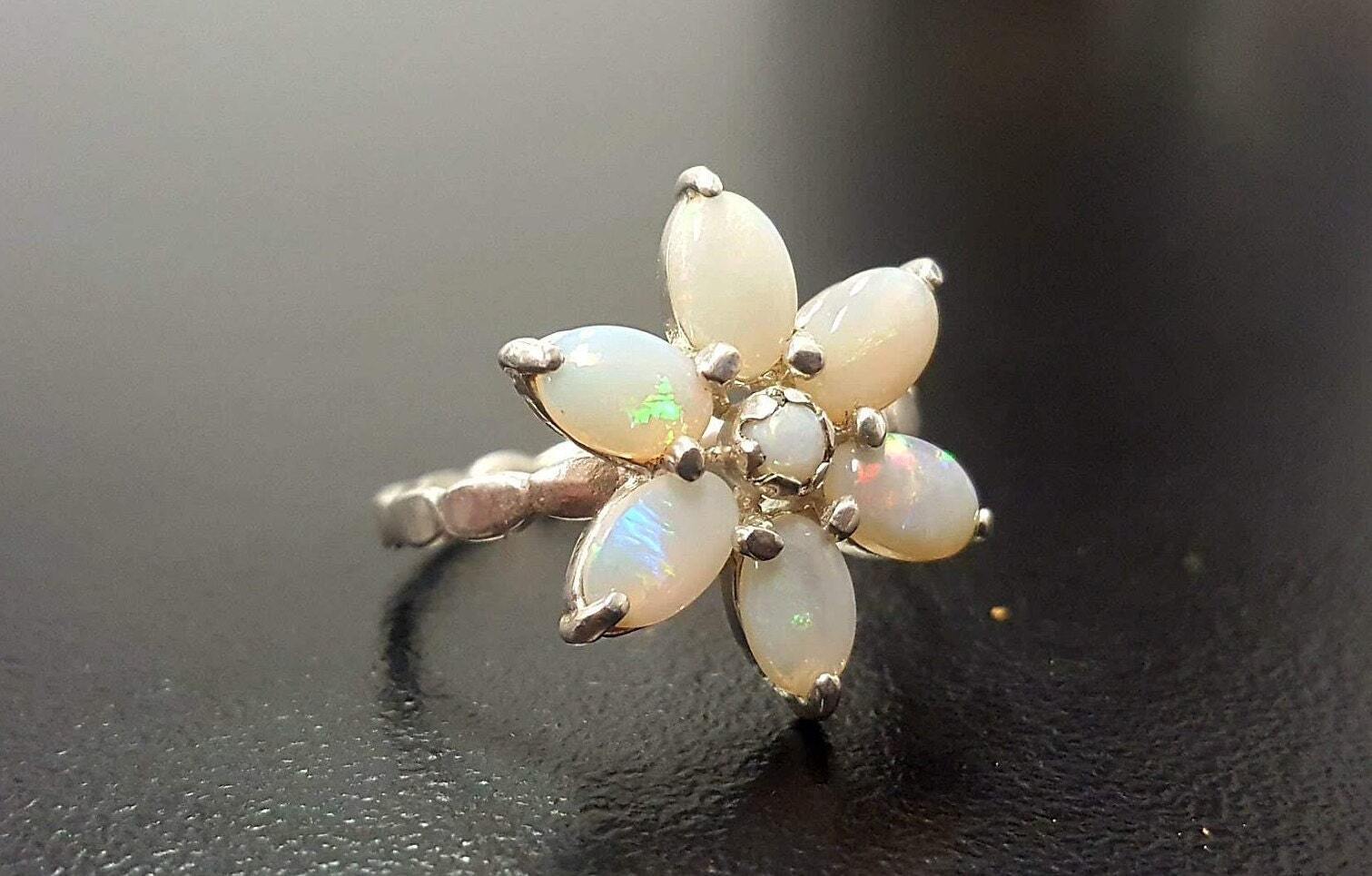 Opal Flower Ring, Australian Opal, Daisy Ring, Vintage Opal Ring, October Ring, White Flower Ring, October Birthstone, Sterling Silver Ring