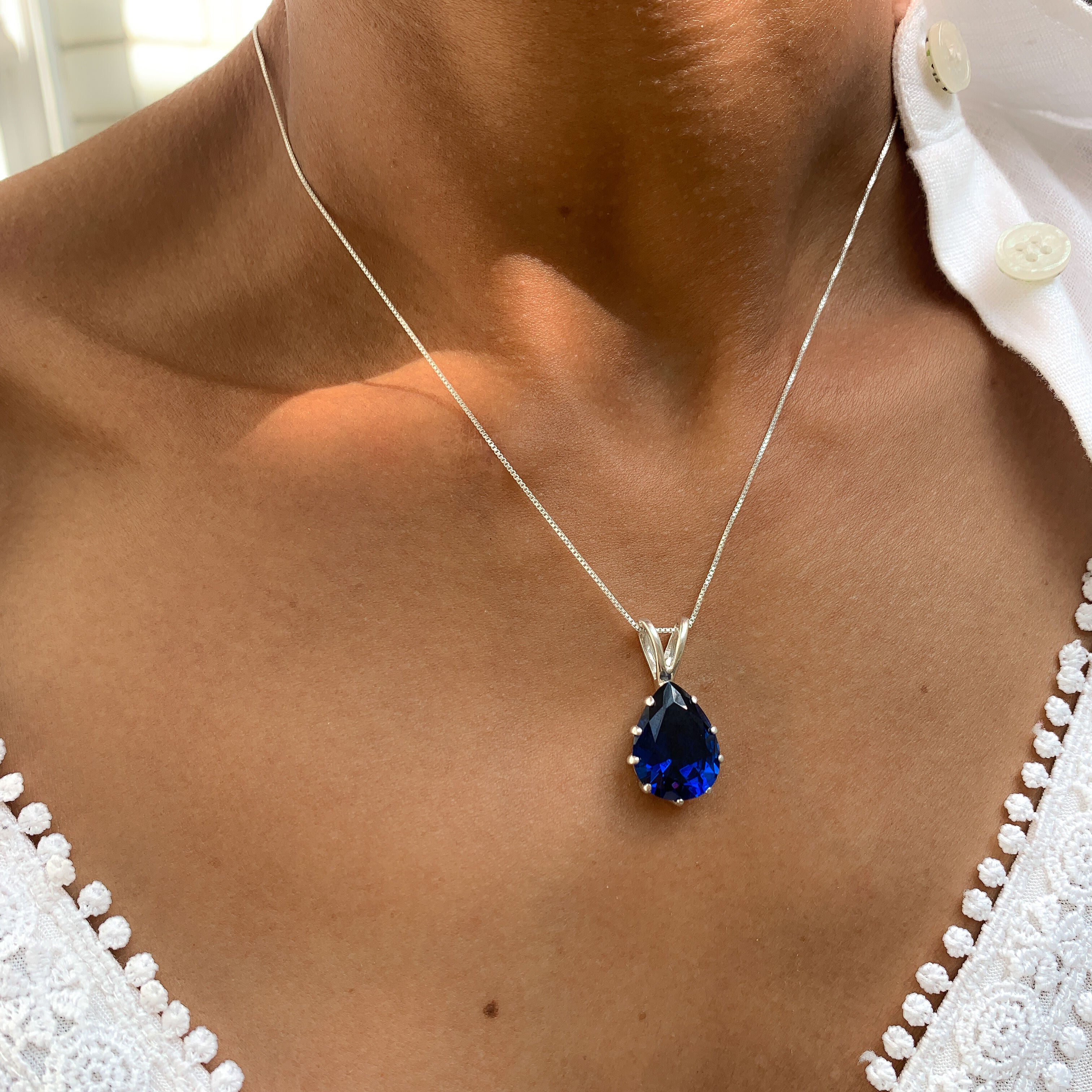 Blue Sapphire Pendant, Sapphire Pendant, Blue Teardrop Pendant, Teardrop Pendant, Created Sapphire, Vintage Pendant, Silver Pendant