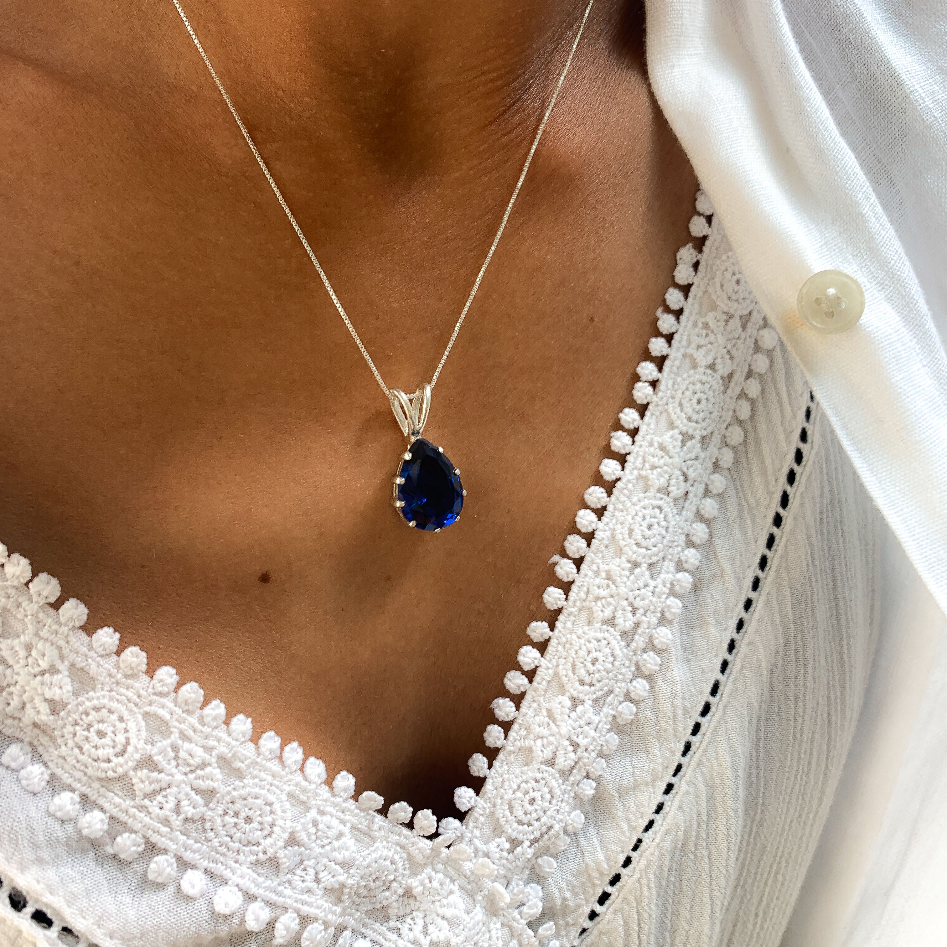 Blue Sapphire Pendant, Sapphire Pendant, Blue Teardrop Pendant, Teardrop Pendant, Created Sapphire, Vintage Pendant, Silver Pendant