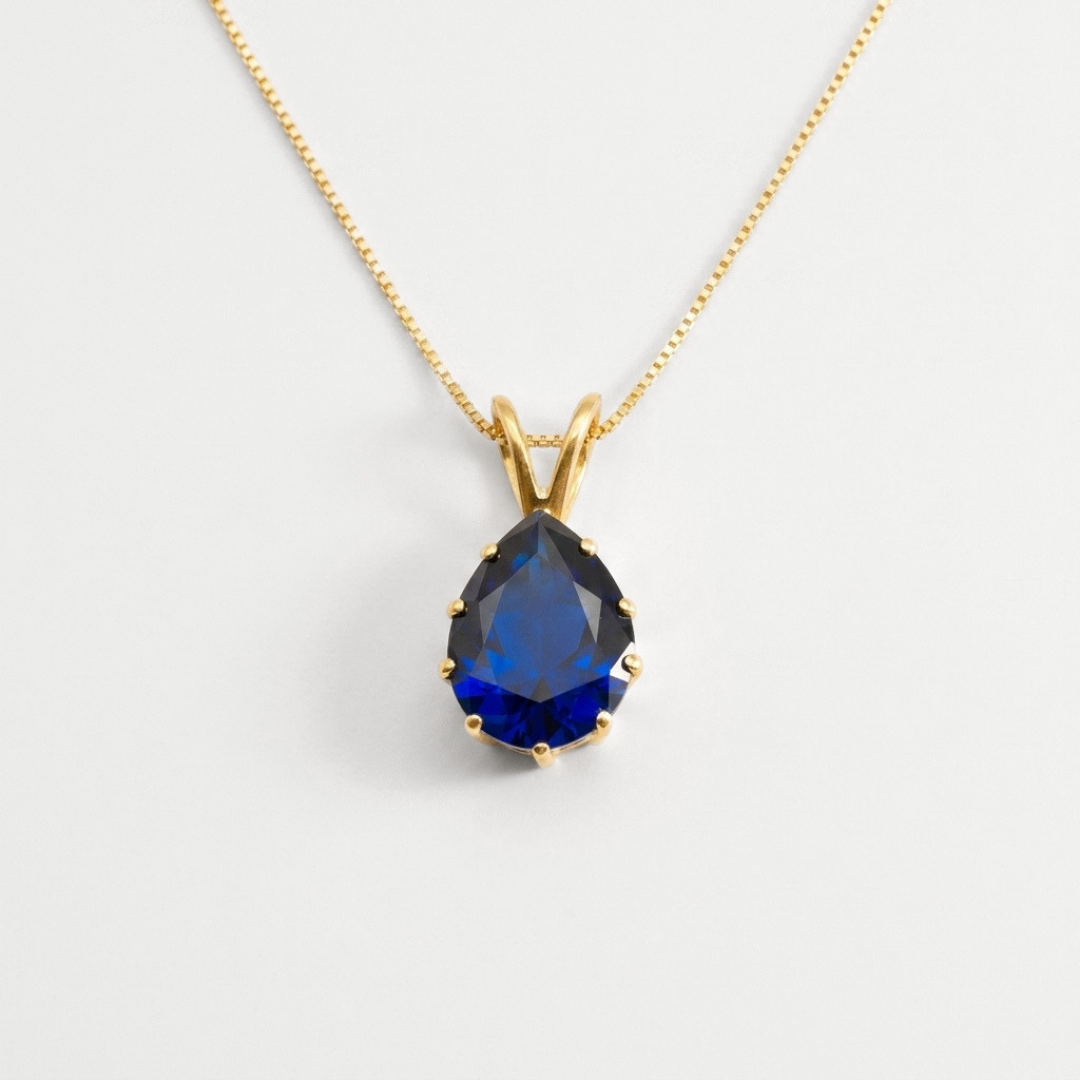 Created Sapphire Pendant made in 18k Gold Vermeil with Pear Created Blue Sapphire in Prong setting, September Birthstone gift idea, symbolizes sincerity, truth, and faithfulness, ideal for everyday wear and perfect for birthday gifting and special occasions.