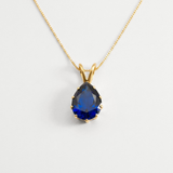 Created Sapphire Pendant made in 18k Gold Vermeil with Pear Created Blue Sapphire in Prong setting, September Birthstone gift idea, symbolizes sincerity, truth, and faithfulness, ideal for everyday wear and perfect for birthday gifting and special occasions.