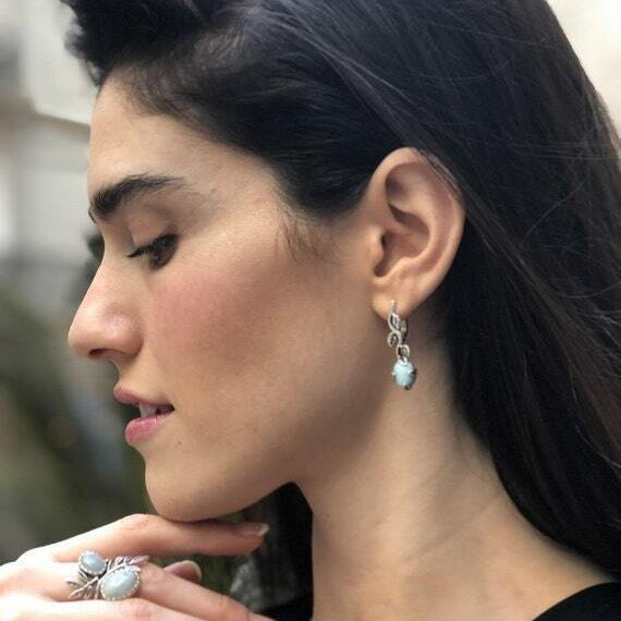 Fire Opal Earrings, Natural Opal, Leaf Earrings, Australian Opal, Branch Earrings, White Rose Earrings, Flower Earrings, 925 Silver Earrings