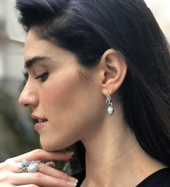 Fire Opal Earrings, Natural Opal, Leaf Earrings, Australian Opal, Branch Earrings, White Rose Earrings, Flower Earrings, 925 Silver Earrings