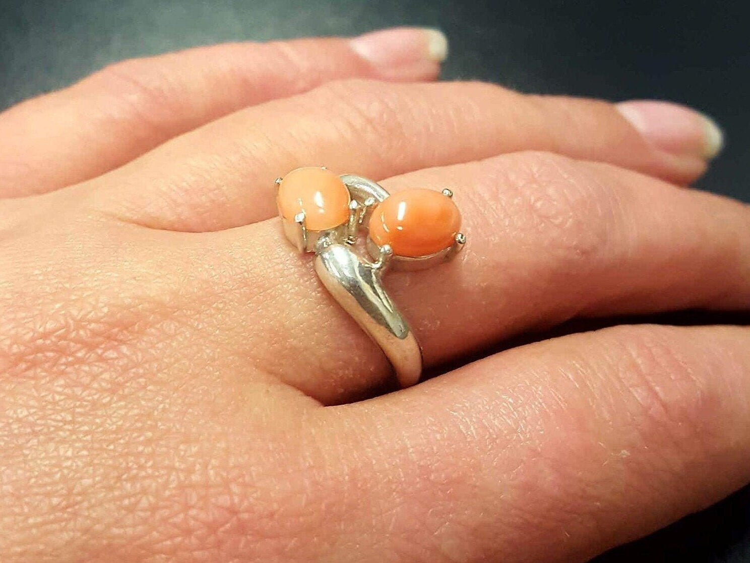 Coral Ring, Natural Coral, Vintage Ring, March Birthstone, Vintage Coral Ring, March Ring, Two Stone Ring, Angel Skin, Silver Ring, Coral