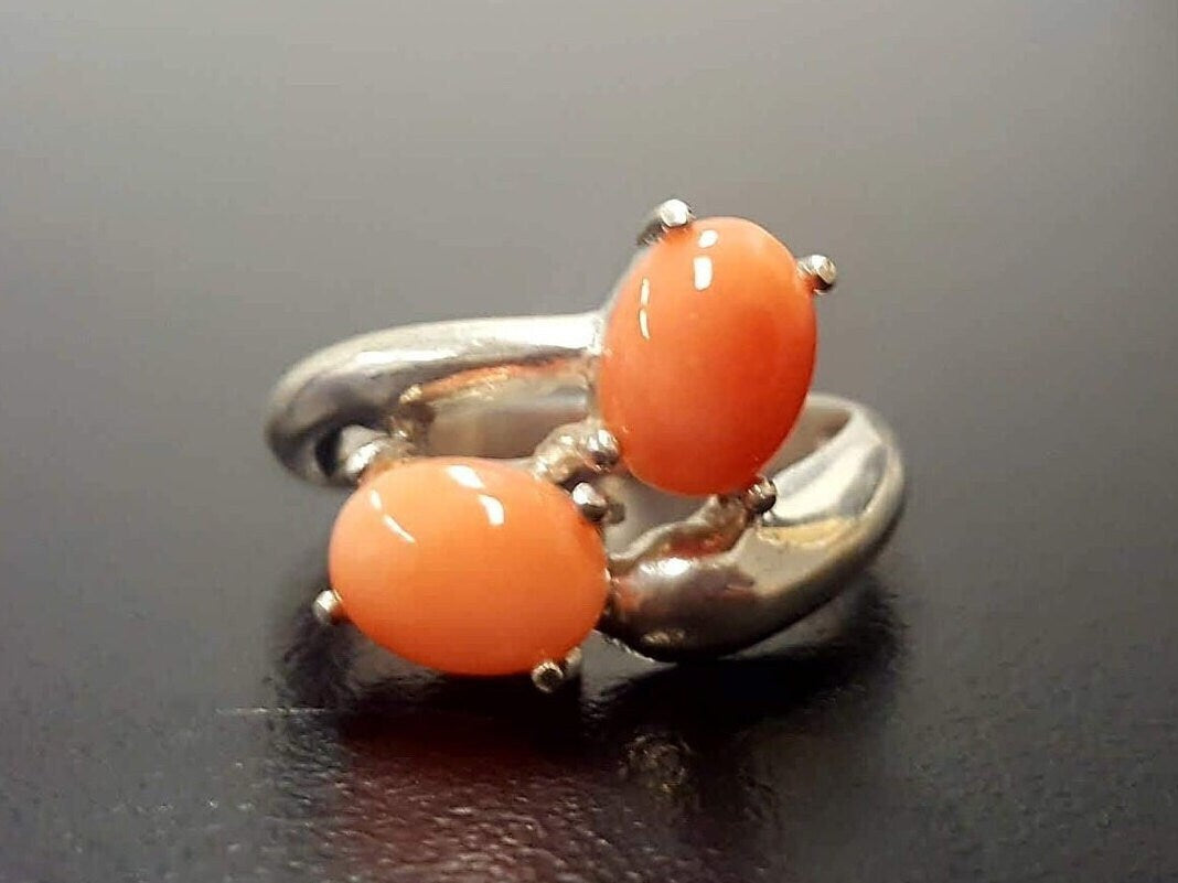 Coral Ring, Natural Coral, Vintage Ring, March Birthstone, Vintage Coral Ring, March Ring, Two Stone Ring, Angel Skin, Silver Ring, Coral