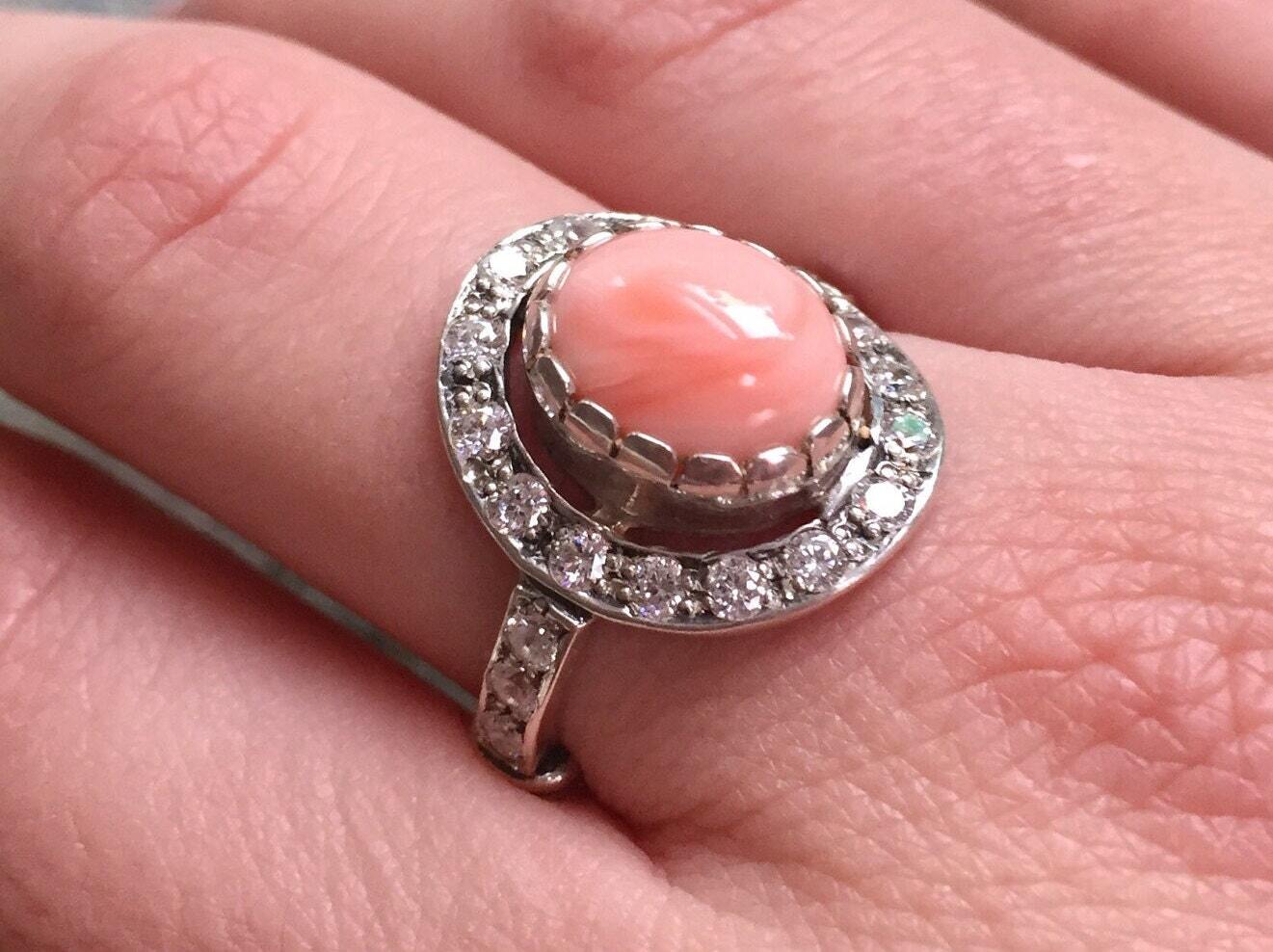 Coral Ring, Natural Coral, March Birthstone, Angel Skin Coral, Pink Coral, Vintage Rings, Vintage Coral Ring, CZ Diamonds, Solid Silver Ring