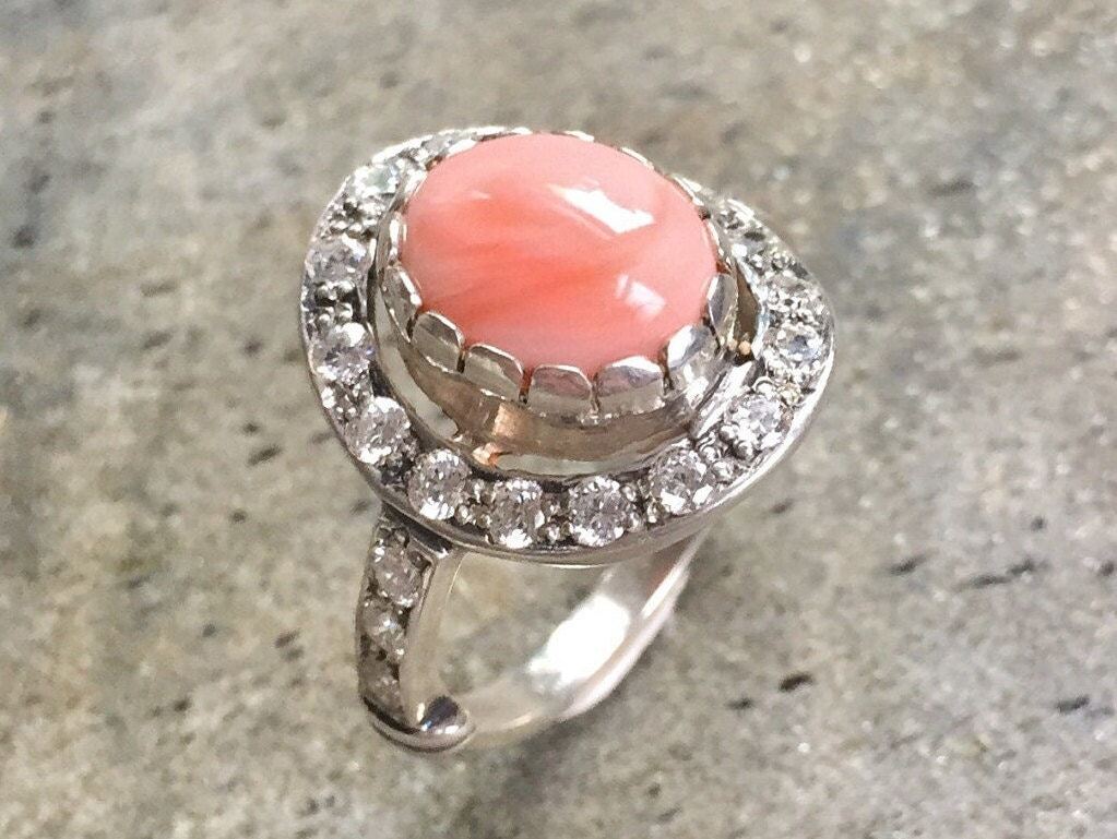 Coral Ring, Natural Coral, March Birthstone, Angel Skin Coral, Pink Coral, Vintage Rings, Vintage Coral Ring, CZ Diamonds, Solid Silver Ring