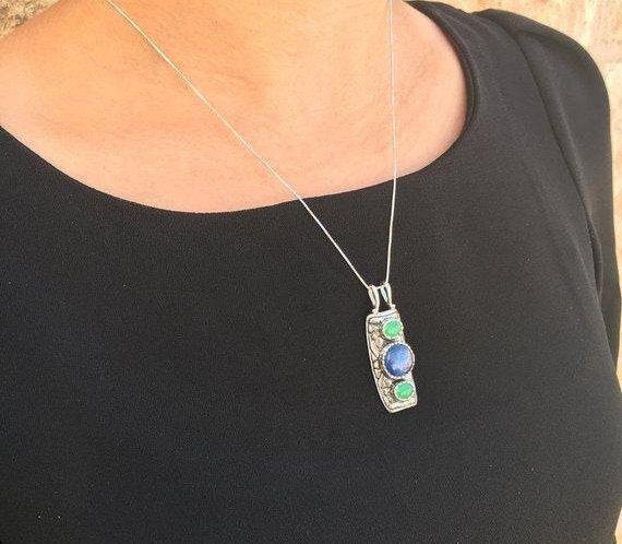 Sandstone Pendant, Blue Sand Stone, Pearl Pendant, Mother of Pearl, Tribal Pendant, Sagittarius Pendant, Solid Silver Pendant, Sand Stone