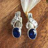 Created Sapphire Earrings made in 925 Sterling Silver with Oval Created Blue Sapphire in Bezel setting, September Birthstone gift idea, symbolizes sincerity, truth, and faithfulness, ideal for everyday wear and perfect for birthday gifting and special occasions.