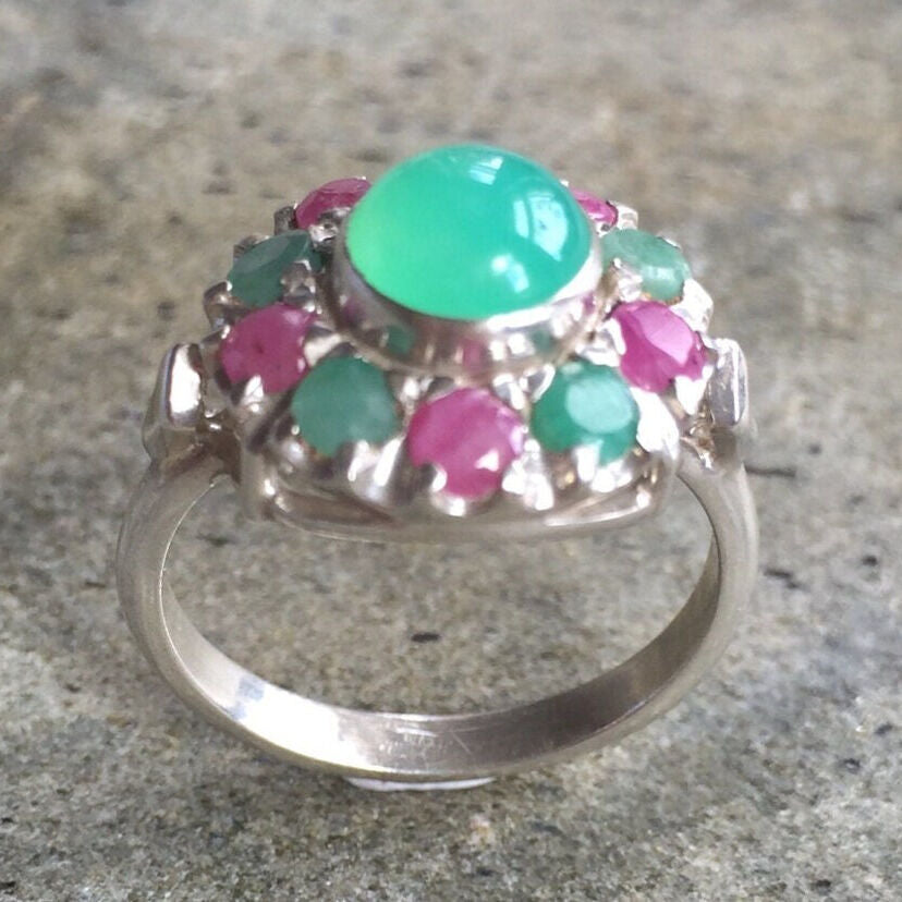 Emerald Ring, Natural Emerald, Ruby Ring, Chrysoprase Ring, Birthstones Ring, Vintage Rings, Chrysoprase, Solid Silver Ring, Victorian Ring