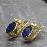 Vintage Sapphire Earrings - Blue Gold Studs, Oval Sapphire Earrings