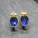 Vintage Sapphire Earrings - Blue Gold Studs, Oval Sapphire Earrings