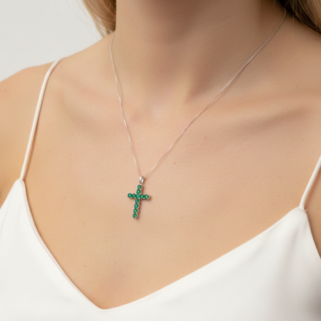 Beautifully crafted 925 Sterling Silver Pendant showcasing a Round Created Green Emerald, a timeless May birthstone gift.