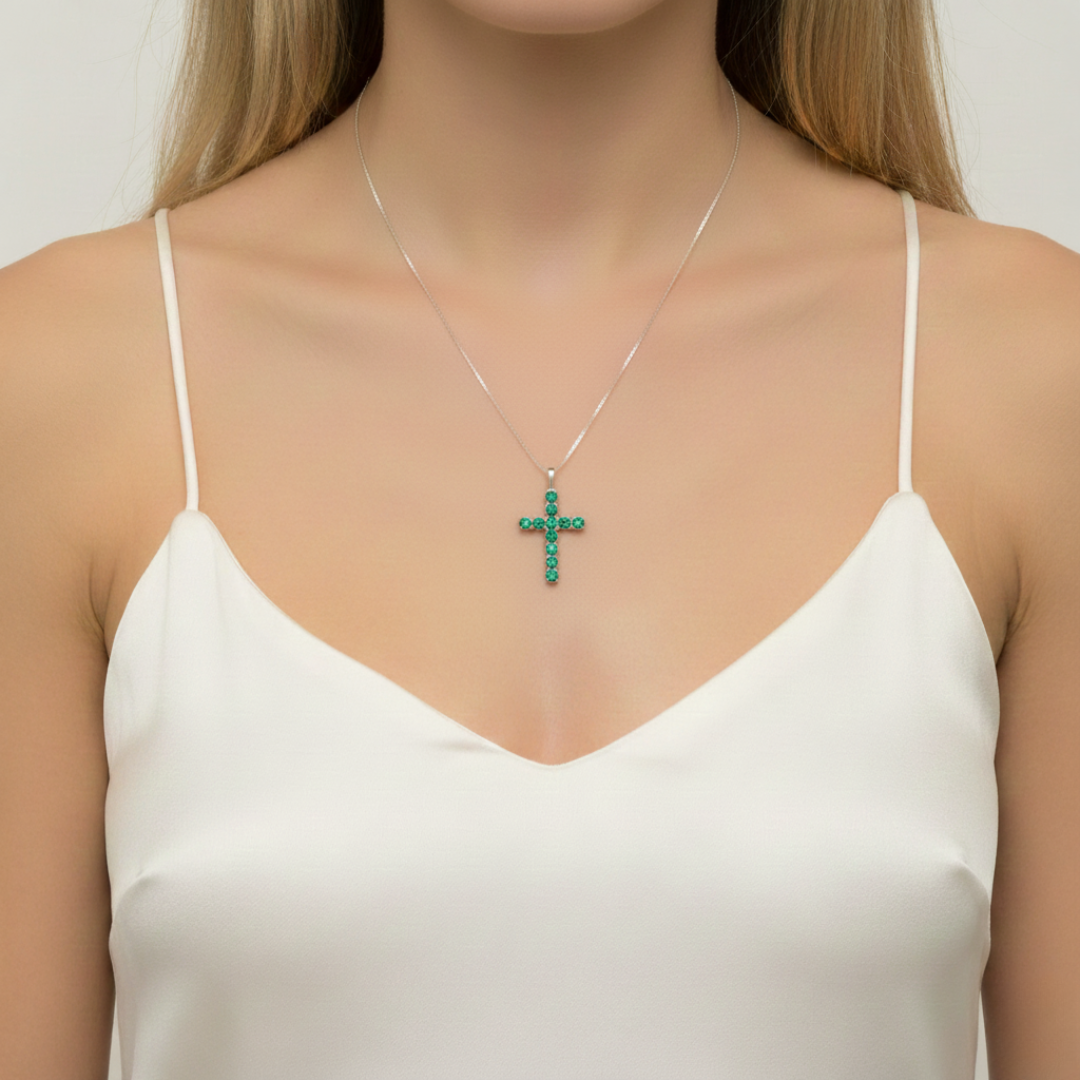 Elegant 925 Sterling Silver Emerald Pendant featuring a vibrant Round Created Green Emerald, perfect for special occasions.