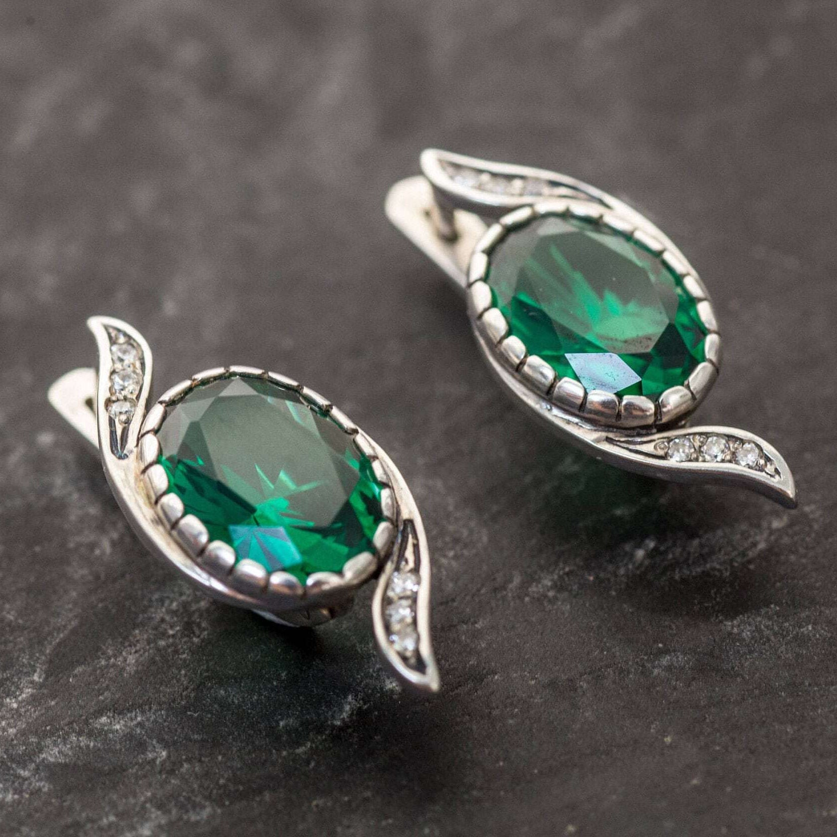 Created Emerald Earrings made in 925 Sterling Silver with Oval Created Green Emerald in Prong setting, May Birthstone gift idea, symbolizes, ideal for everyday wear and perfect for birthday gifting and special occasions.