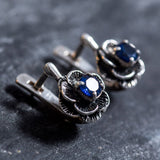 Handcrafted Sapphire Earrings in sterling silver with prong-set blue sapphires, perfect for celebrating September birthdays with elegance.
