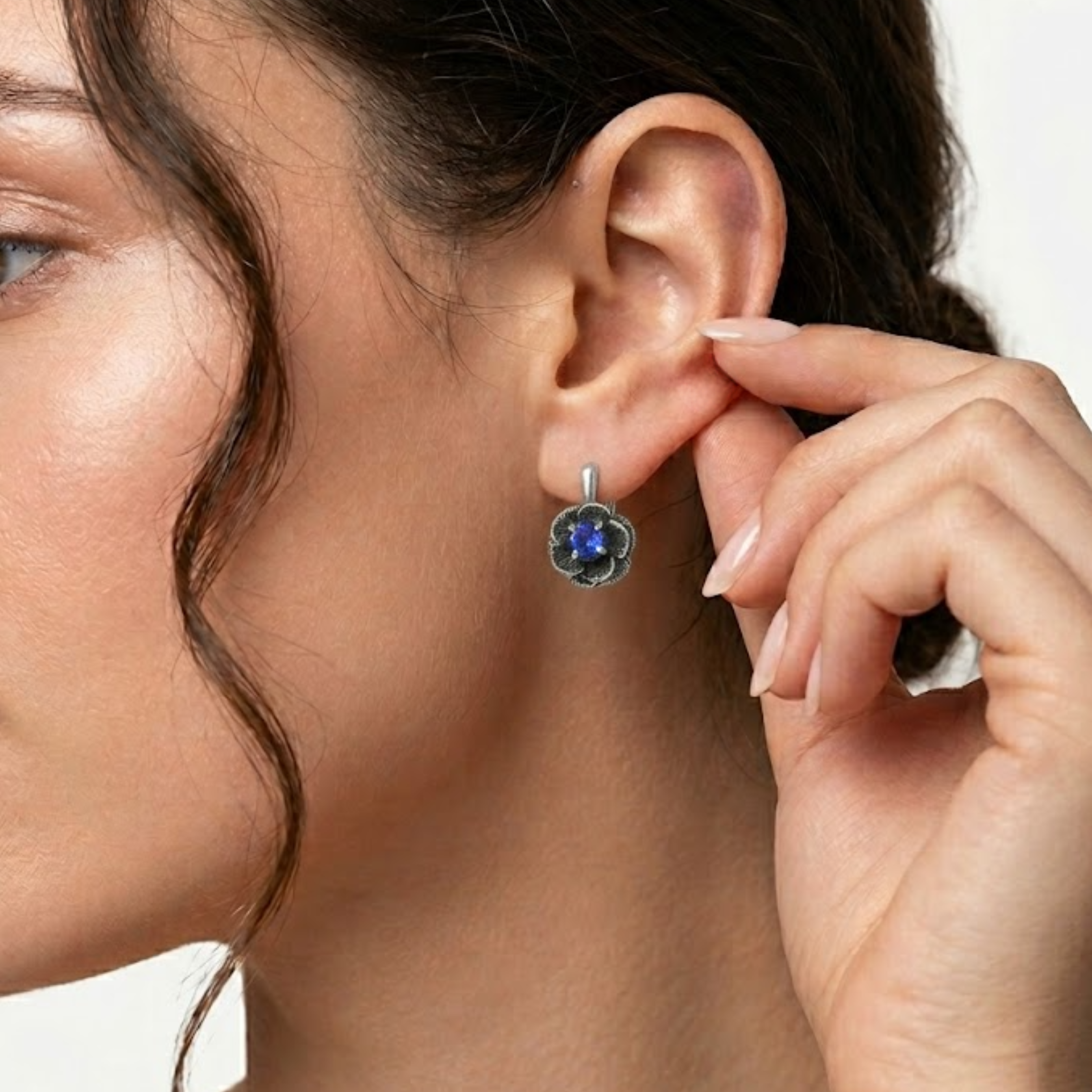 Sapphire Earrings in 925 Sterling Silver, showcasing round Blue Sapphire, perfect September birthday gift and daily wear.