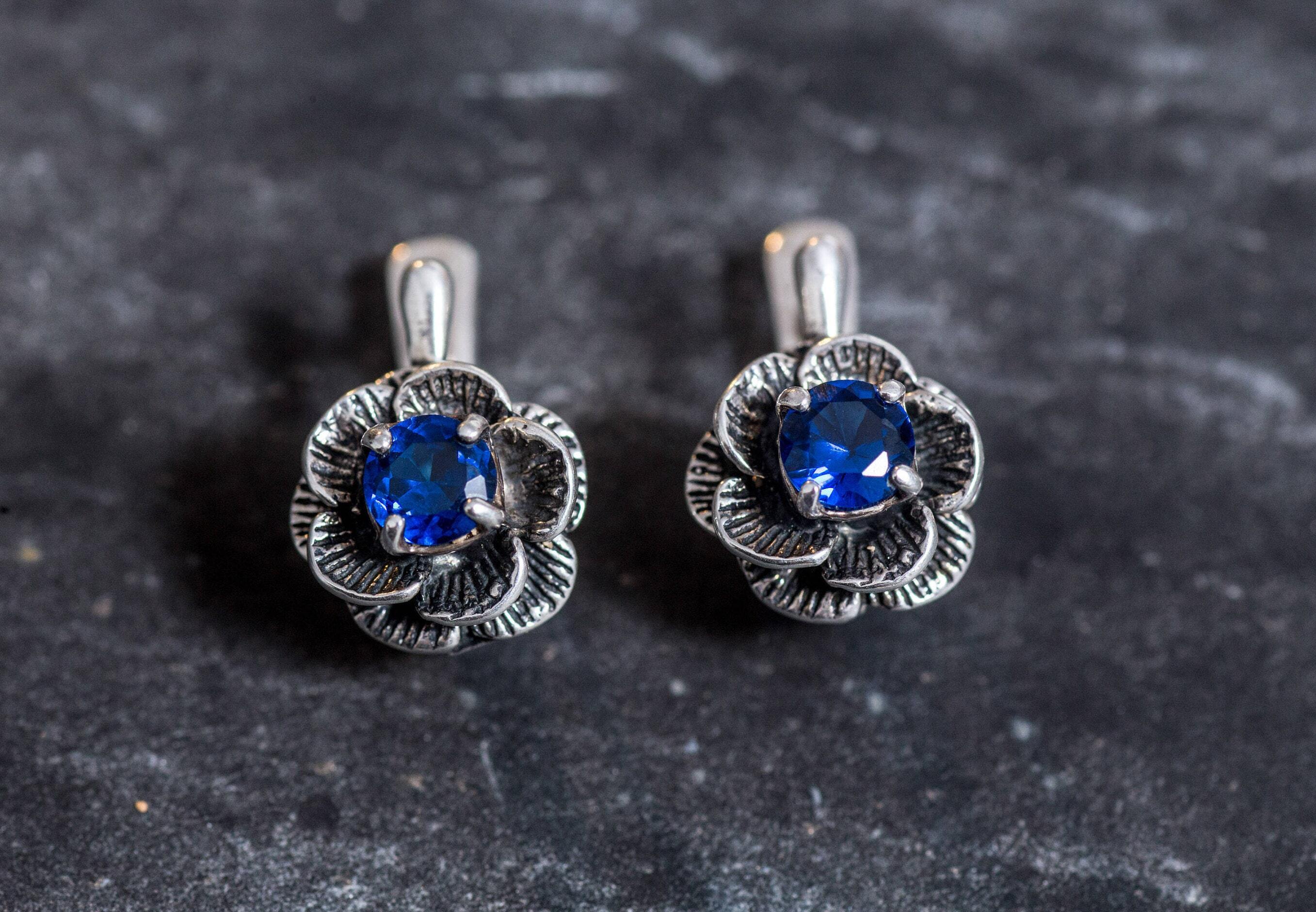 Created Sapphire Earrings made in 925 Sterling Silver with Round Created Blue Sapphire in Prong setting, September Birthstone gift idea, symbolizes sincerity, truth, and faithfulness, ideal for everyday wear and perfect for birthday gifting and special occasions.