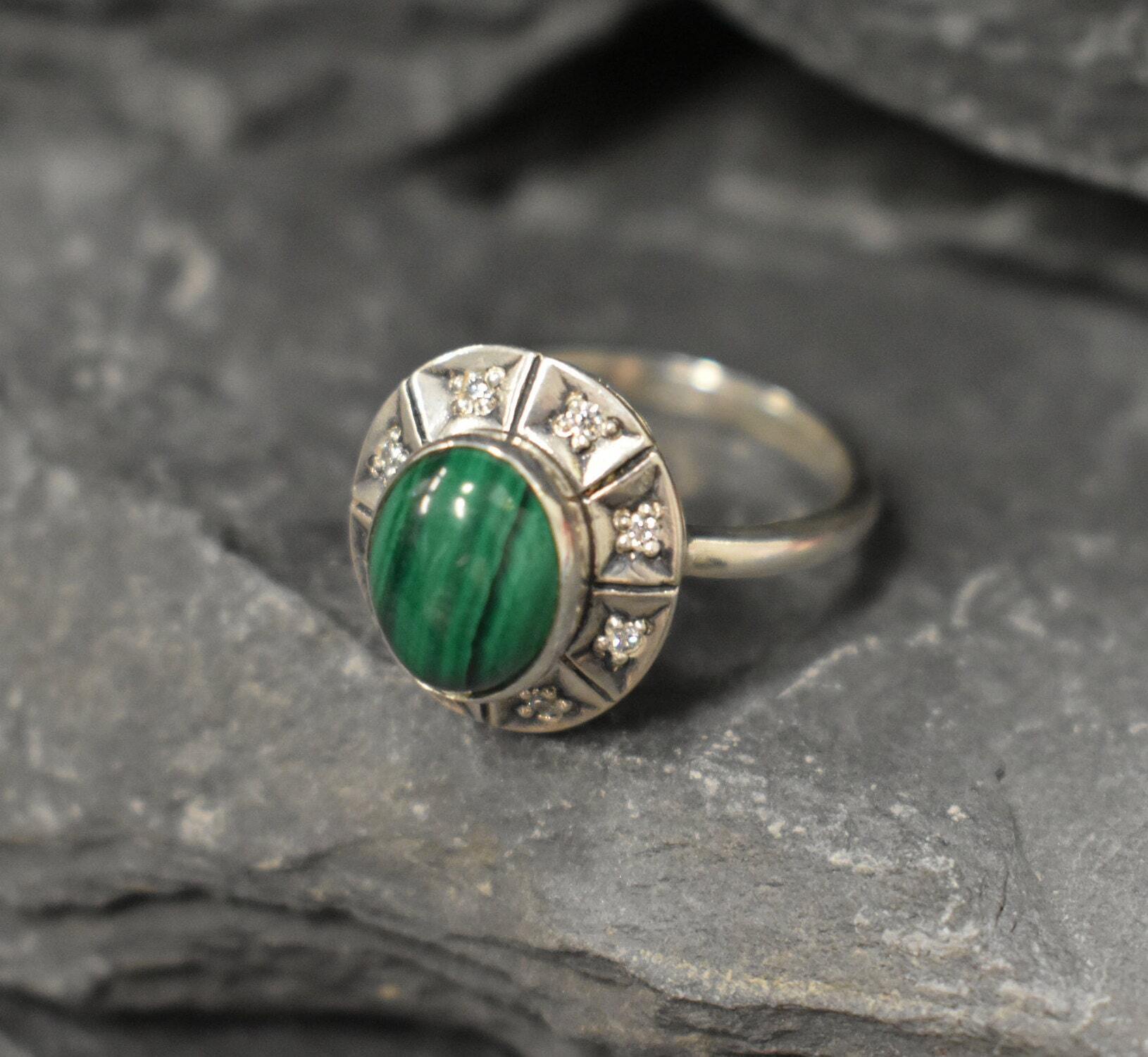 Malachite Ring, Natural Malachite, Silver Tribal Ring, Green Vintage Ring, African Stone Ring, Tribal Ring, Bohemian Ring, Solid Silver Ring