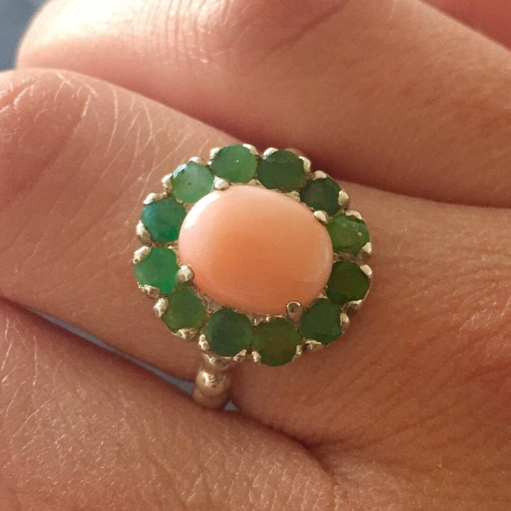 Coral Ring, Natural Coral, March Birthstone, Emerald Ring, Natural Emerald, May Birthstone, Victorian Ring, Angel Skin Coral, Solid Silver