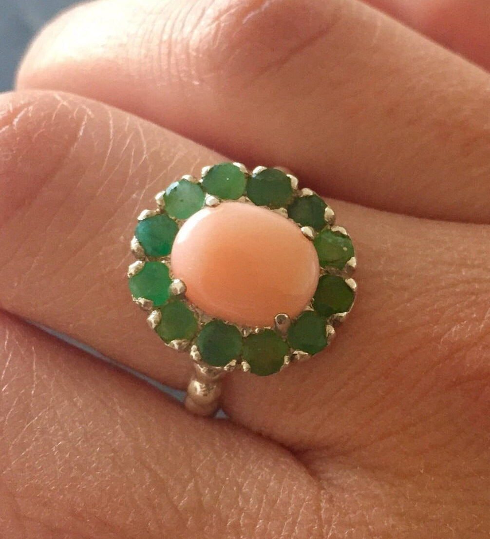 Coral Ring, Natural Coral, March Birthstone, Emerald Ring, Natural Emerald, May Birthstone, Victorian Ring, Angel Skin Coral, Solid Silver