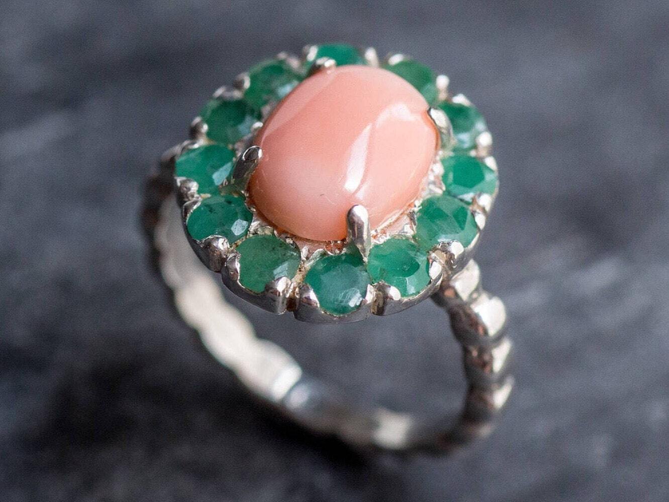 Coral Ring, Natural Coral, March Birthstone, Emerald Ring, Natural Emerald, May Birthstone, Victorian Ring, Angel Skin Coral, Solid Silver