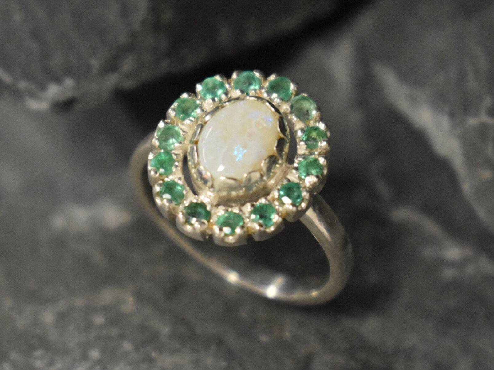 Victorian Opal Ring - Opal Flower Ring - White Green Vintage Ring