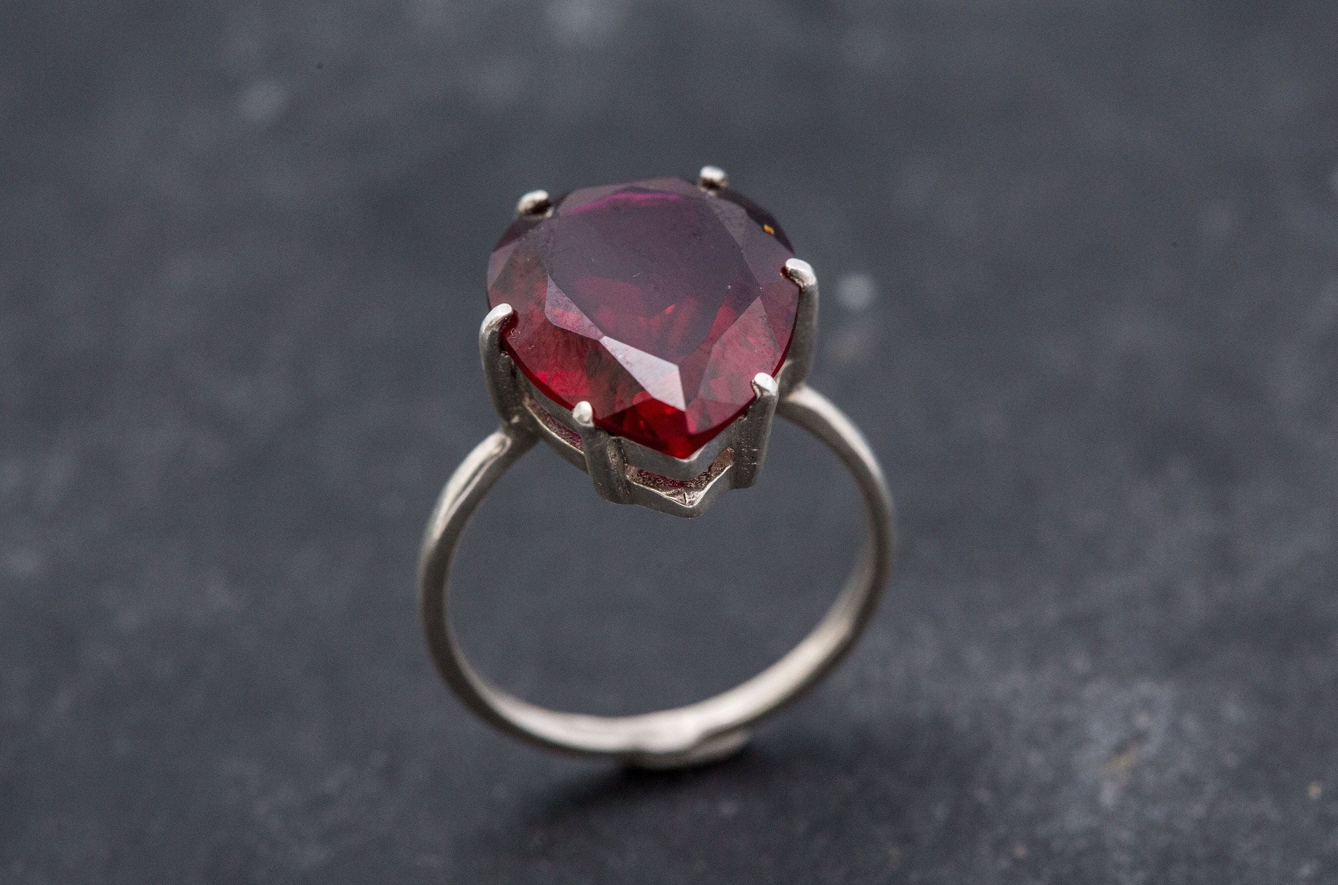 Created Ruby Ring made in 925 Sterling Silver with Pear Created Red Ruby in Prong setting, July Birthstone gift idea, symbolizes nobility, purity, and passion, ideal for everyday wear and perfect for birthday gifting and special occasions.