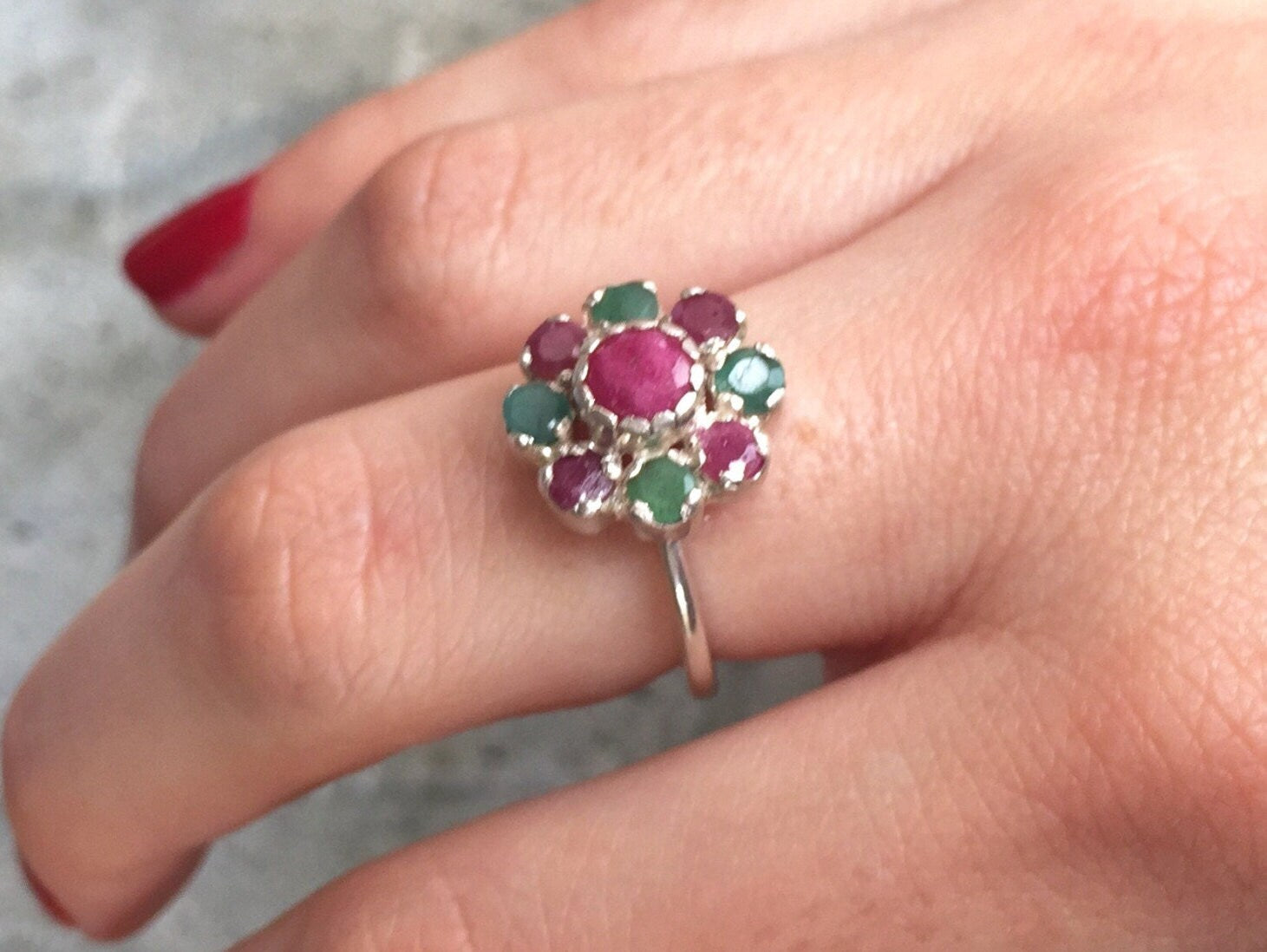Sterling Silver Cluster Ring featuring a Round Natural Ruby, July Birthstone, perfect for daily wear and special gifts.