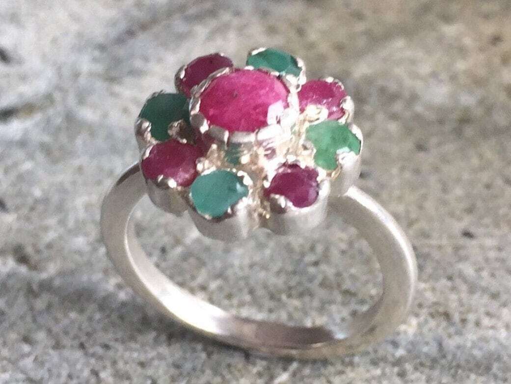 Natural Ruby Ring made in 925 Sterling Silver with Round Natural Red Ruby in Cluster setting, July Birthstone gift idea, symbolizes nobility, purity, and passion, ideal for everyday wear and perfect for birthday gifting and special occasions.