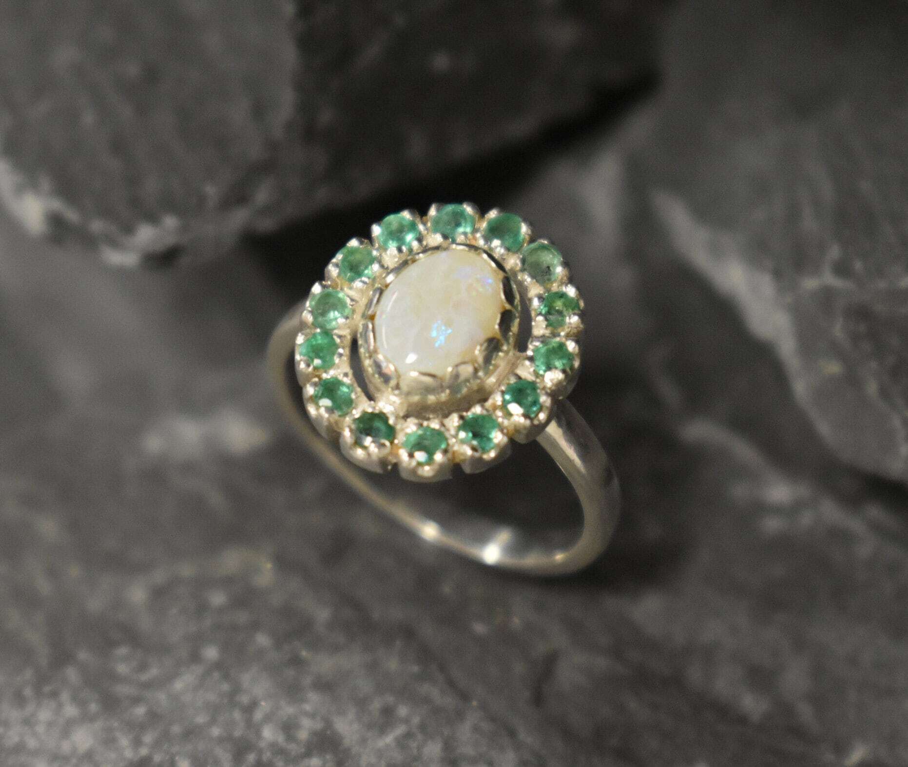 Victorian Opal Earrings, Natural Precious Opal, Emerald Earrings, October Birthstone, May Birthstone, Vintage Earrings, 925 Silver Earrings