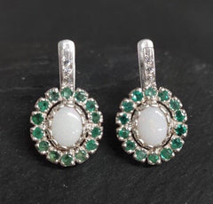 Victorian Opal Earrings, Natural Precious Opal, Emerald Earrings, October Birthstone, May Birthstone, Vintage Earrings, 925 Silver Earrings