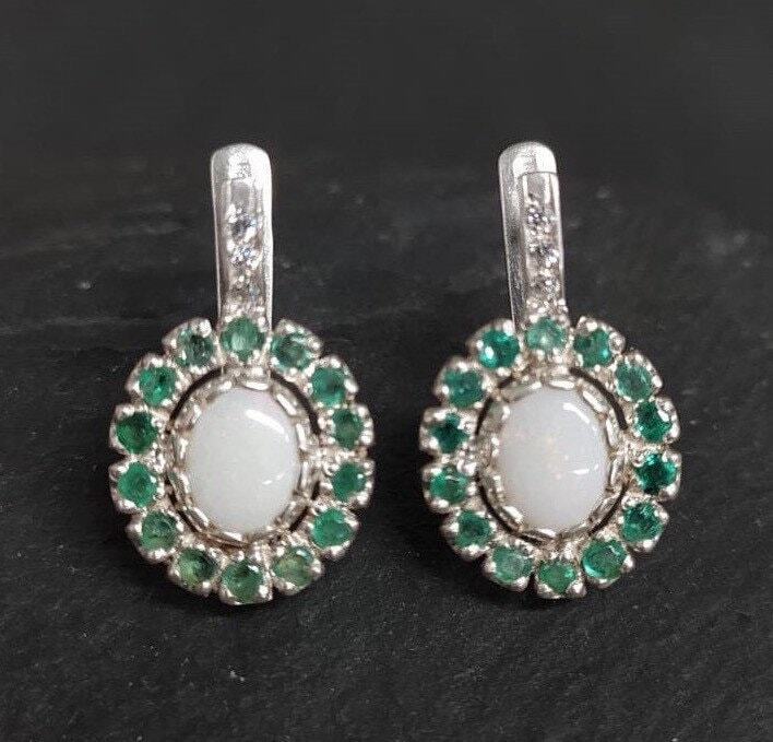 Victorian Opal Earrings, Natural Precious Opal, Emerald Earrings, October Birthstone, May Birthstone, Vintage Earrings, 925 Silver Earrings